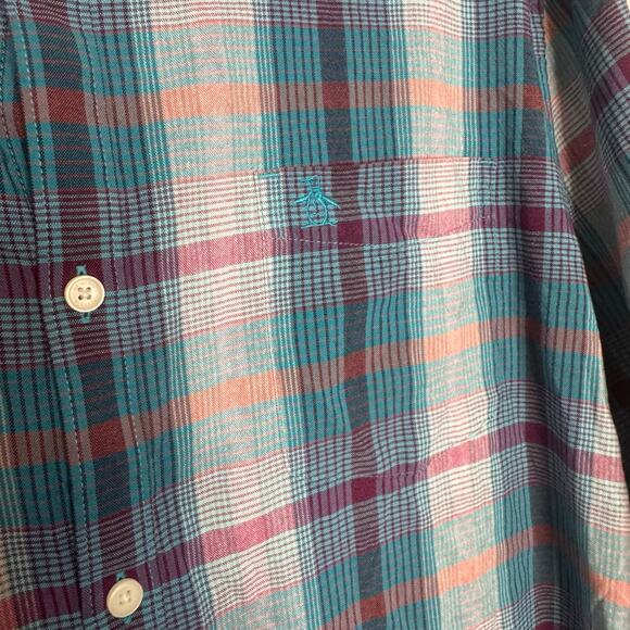 Penguin Men’s Button Down Shirt Blue Green Plaid Long Sleeve NWT Size 2XL - Picture 4 of 11